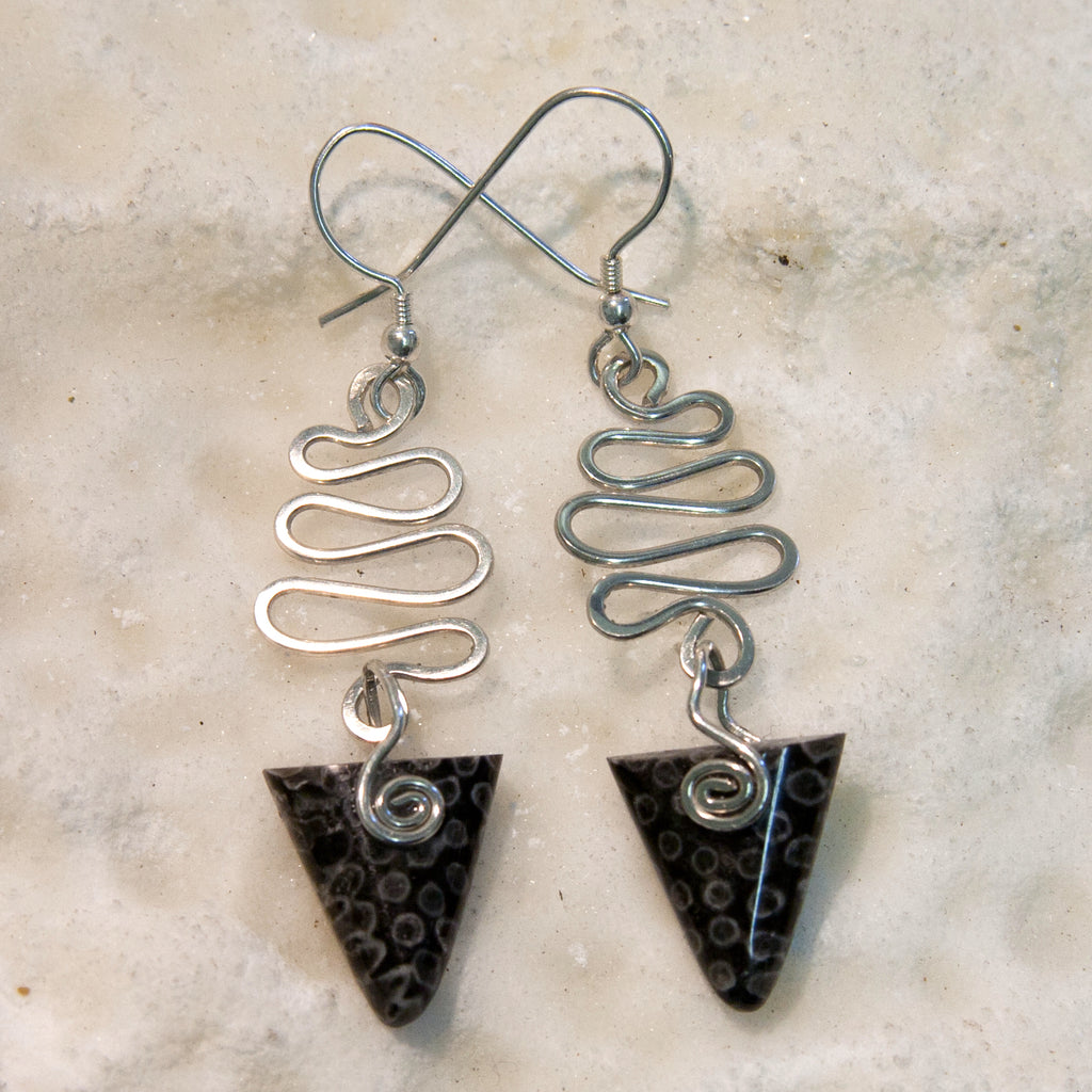 FC09E Fossilised Coral Triangle earrings with wavy silver wire detail from Angela Kelly Jewellery Enniskillen Fermanagh