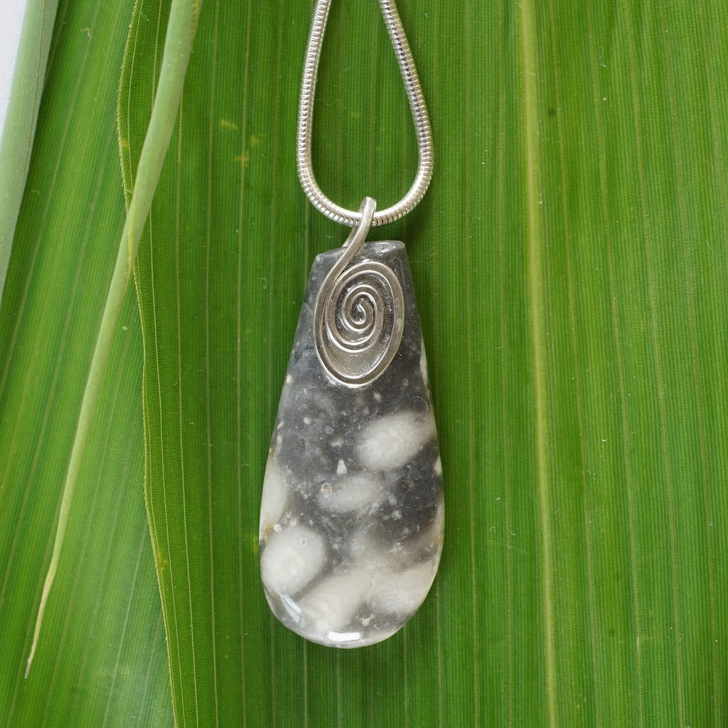 FMC06P Fermanagh Marbled Coral Teardrop Pendant with a sterling silver Celtic spiral from Angela Kelly Jewellery Enniskillen Fermanagh