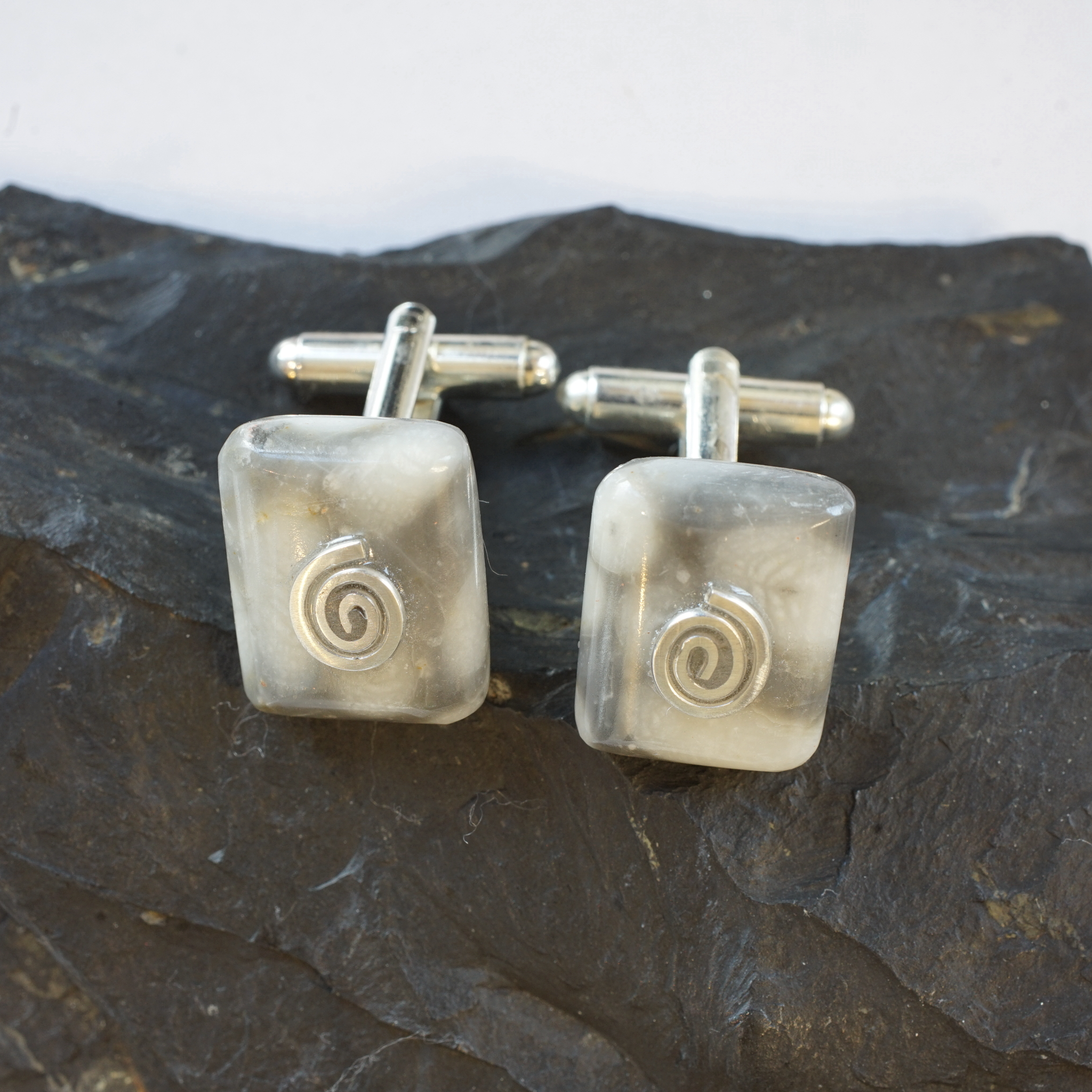 FMC12CL Fermanagh marbled Coral Cufflinks with sterling silver Celtic spiral from Angela Kelly Jewellery Enniskillen Fermanagh