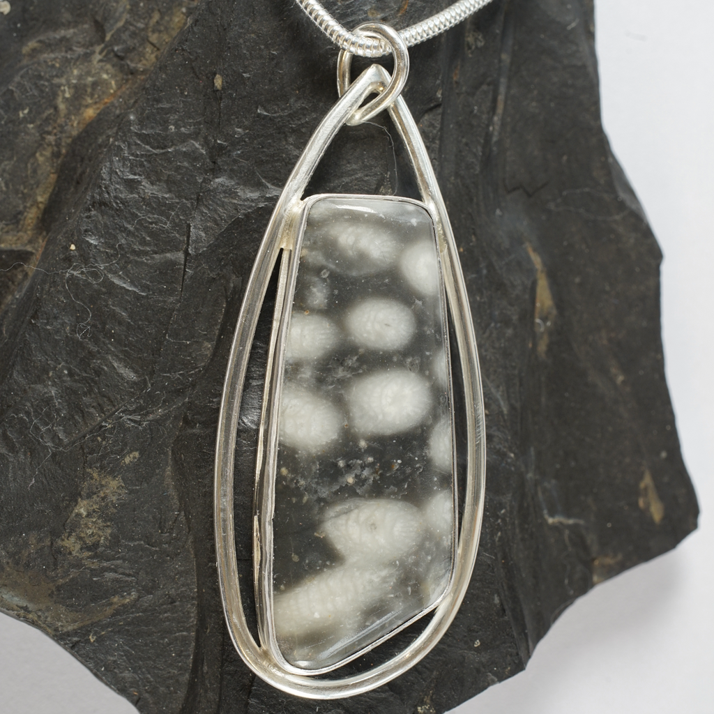 FMC13P Fermanagh Marbled Coral & Sterling silver long rectangle pendant from Angela Kelly Jewellery Enniskillen Fermanagh