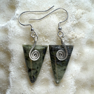 Connemara Marble Triangle Earrings with sterling silver Celtic spirals from Angela Kelly Jewellery Enniskillen Fermanagh