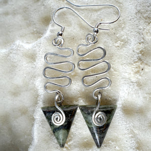 Connemara Marble Triangle earrings with wavy silver wire detail from Angela Kelly Jewellery Enniskillen Fermanagh