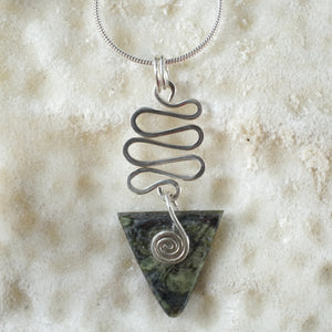Connemara Marble Celtic Triangle Pendant with wavy Silver Wire Detail from Angela Kelly Jewellery Enniskillen Fermanagh