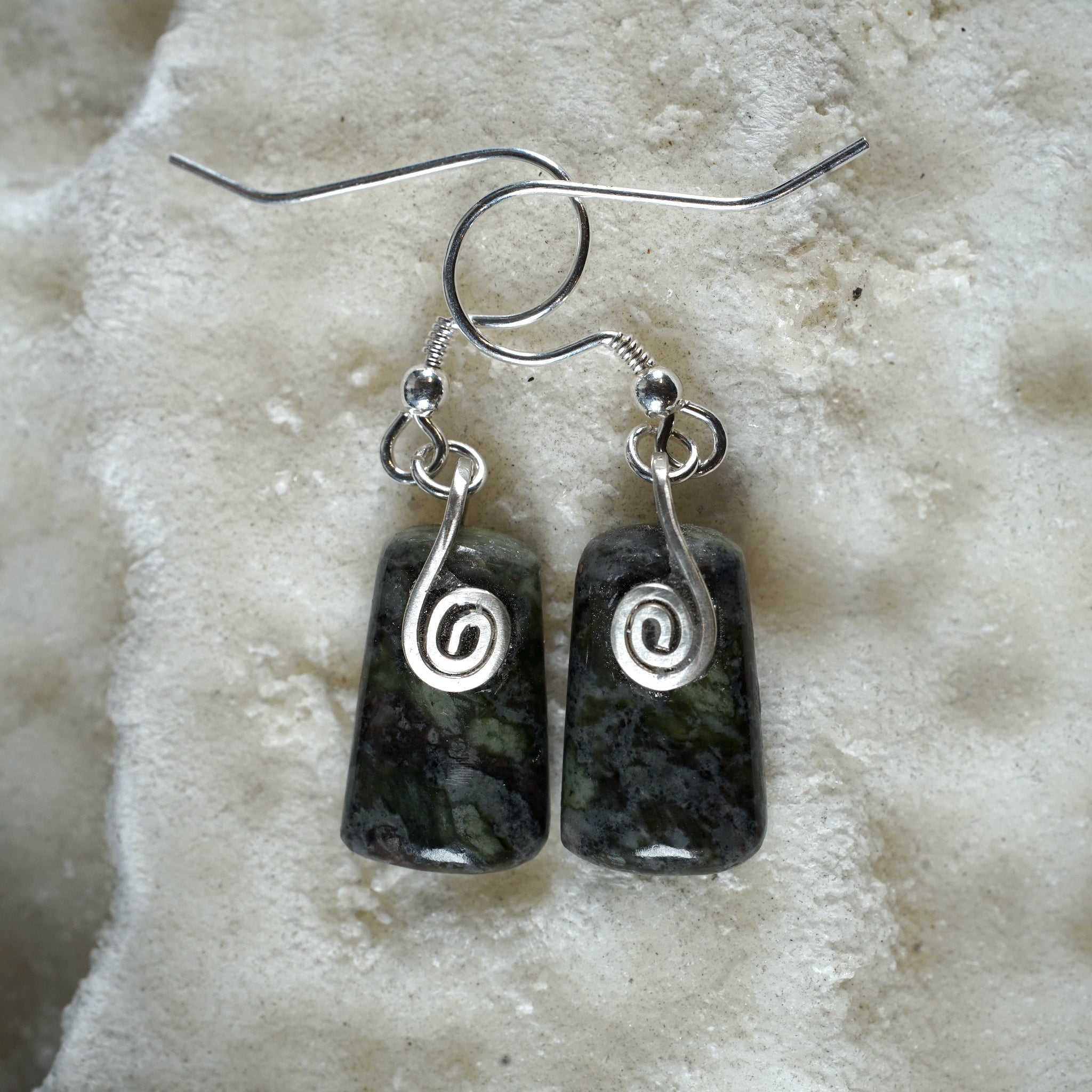 Connemara Marble small rectangle earrings with Sterling Silver Celtic Spirals from Angela Kelly Jewellery Enniskillen Fermanagh