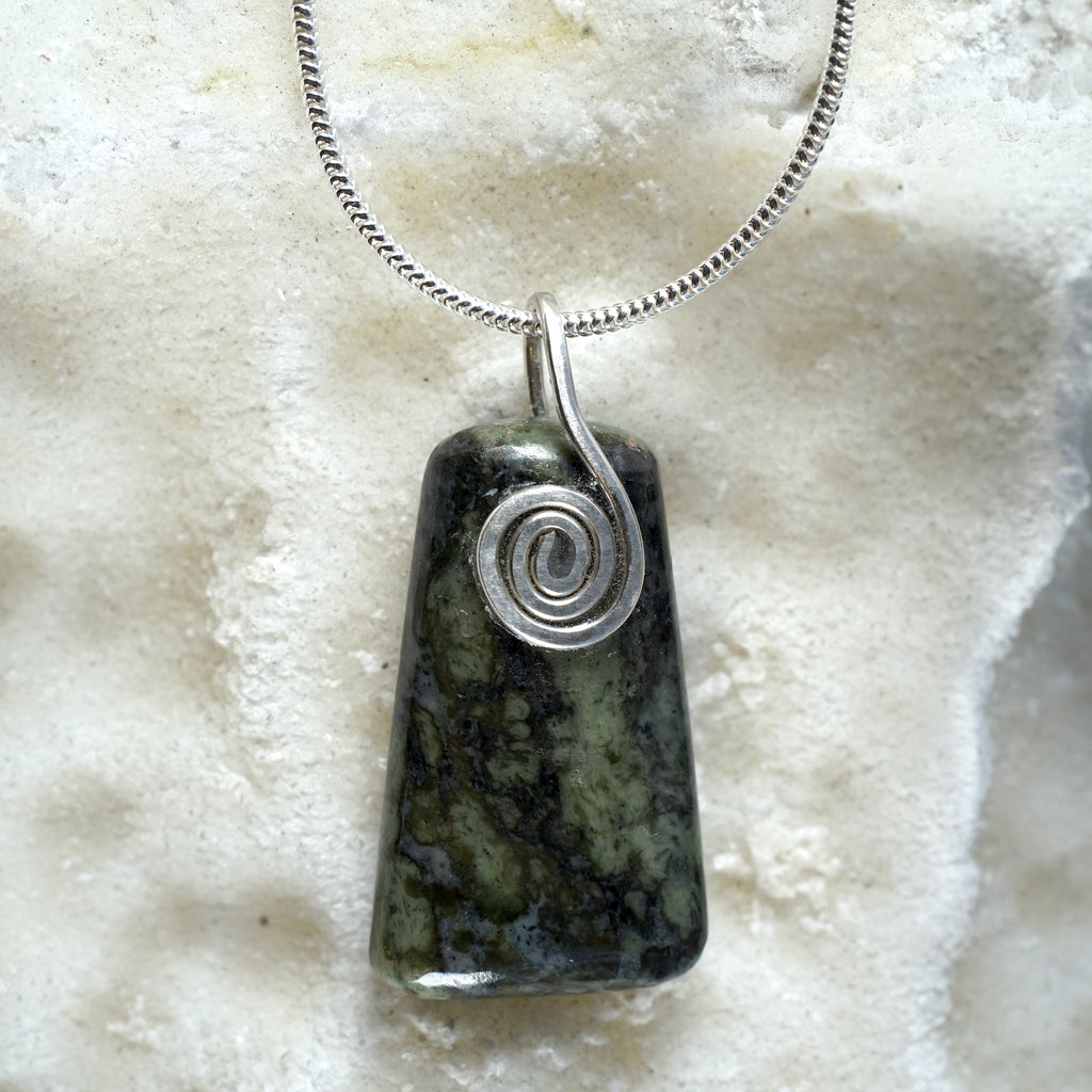 Connemara Marble small rectangle pendant with a sterling silver celtic spiral from Angela Kelly Jewellery Enniskillen Fermanagh