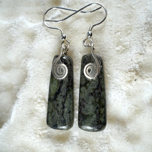Connemara Marble rectangle earrings with sterling silver Celtic spirals from Angela Kelly Jewellery Enniskillen Fermanagh