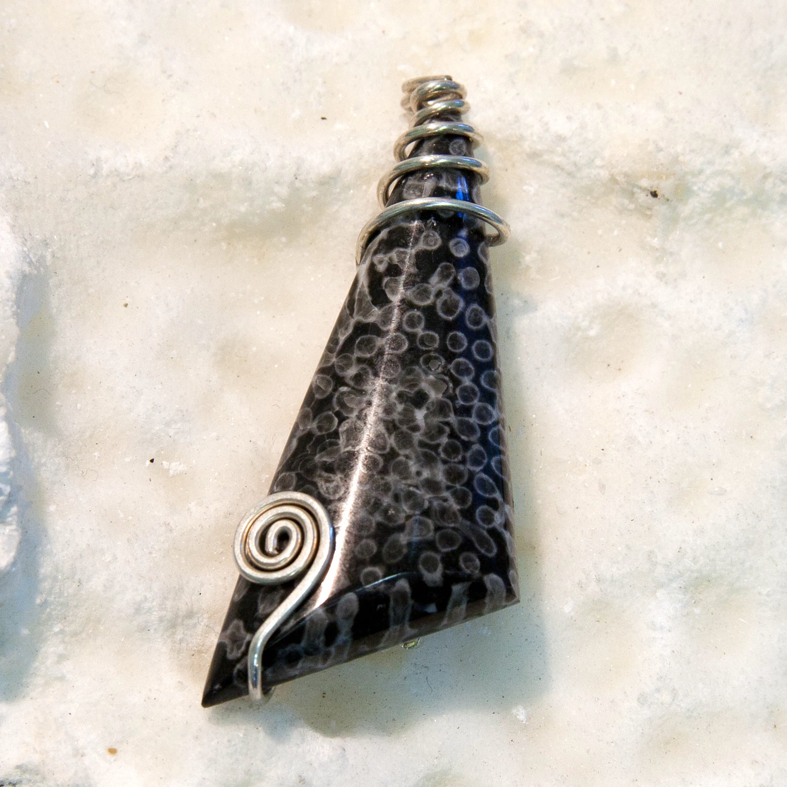 FC07B Fossilised Coral & sterling silver long triangle brooch from Angela Kelly Jewellery Enniskillen Fermanagh