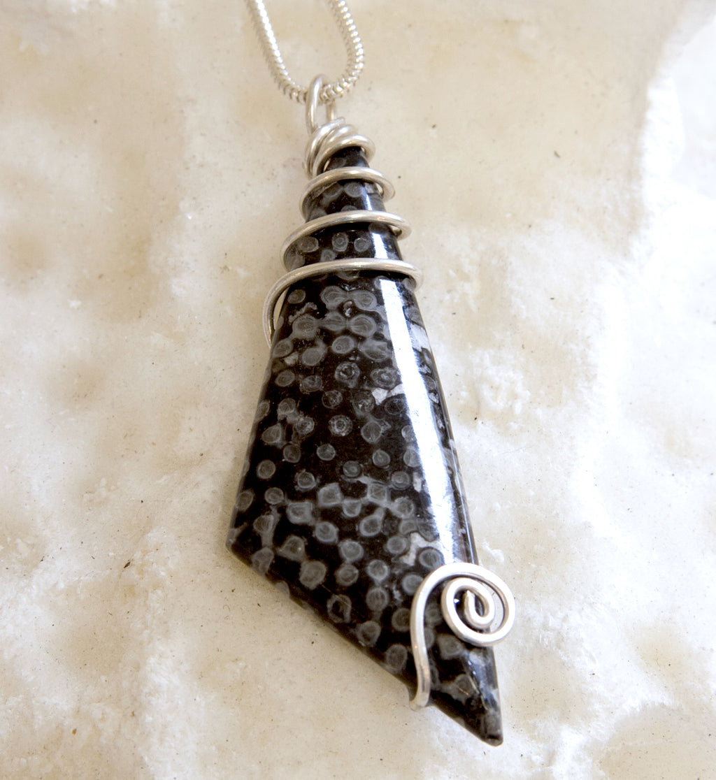 FC07P Fossilised Coral & Sterling Silver long Triangle Pendant from Angela Kelly Jewellery Enniskillen Fermanagh