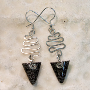 FC09E Fossilised Coral Triangle earrings with wavy silver wire detail from Angela Kelly Jewellery Enniskillen Fermanagh