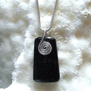 LB12P Lurganboy Black rectangle pendant with a sterling silver Celtic spiral from Angela Kelly Jewellery Enniskillen Fermanagh