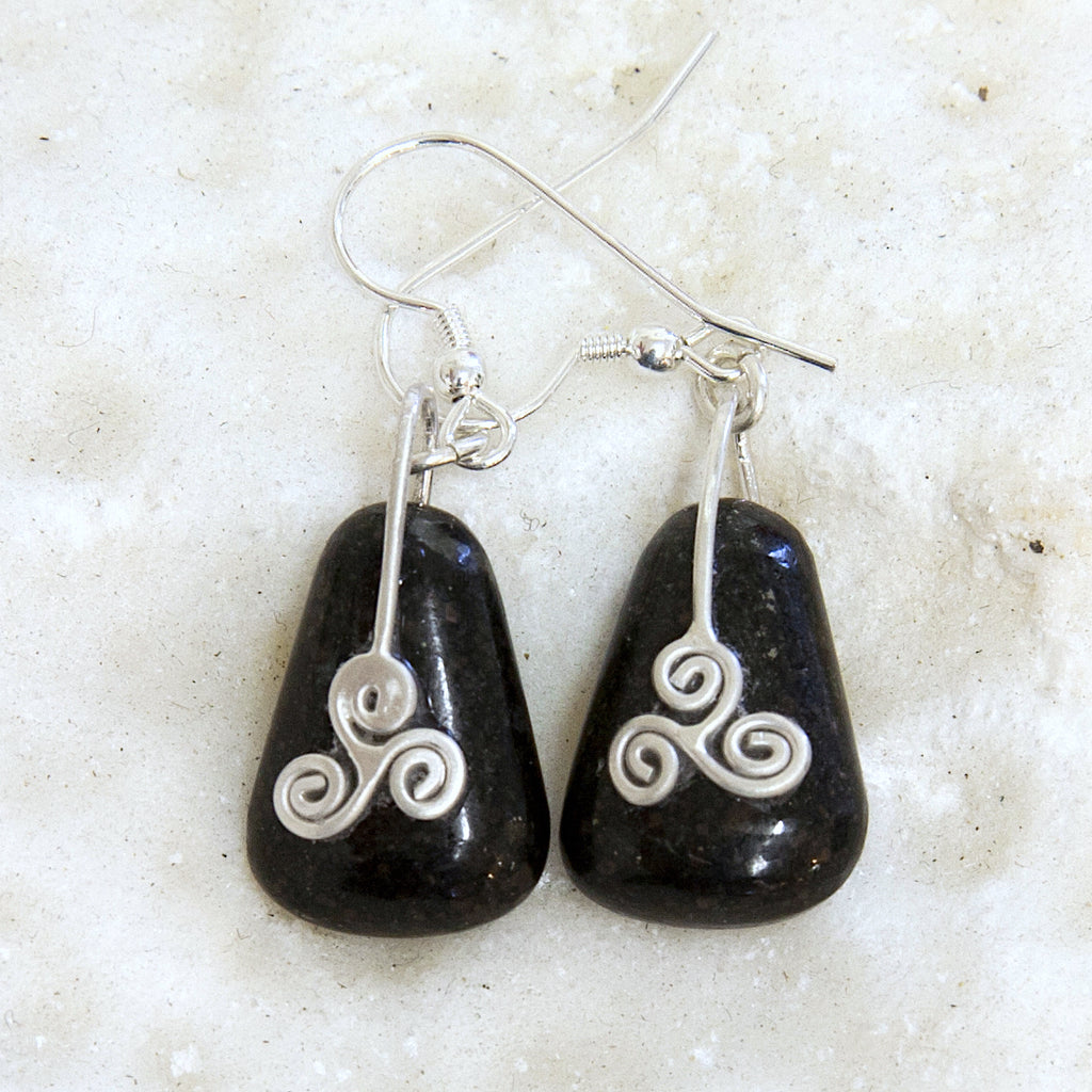 LB22E Lurganboy Black stone earrings with a sterling silver celtic spiral from Angela Kelly Jewellery Enniskillen Fermanagh
