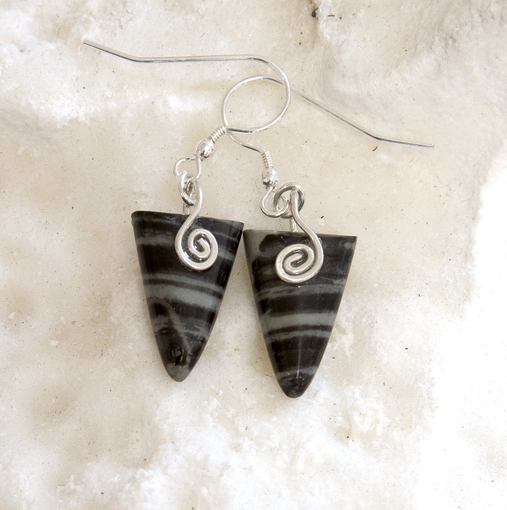 MMBS05E Mourne Mountain banded triangle stone earrings with a sterling silver Celtic spiral from Angela Kelly Jewellery Enniskillen Fermanagh