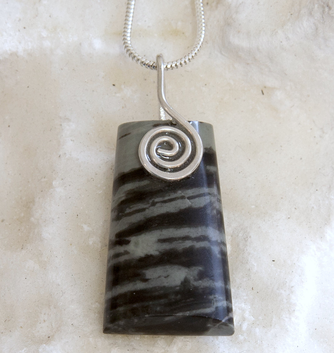 MMBS12P Mourne mountain banded stone rectangle with a sterling silver Celtic spiral from Angela Kelly Jewellery Enniskillen Fermanagh