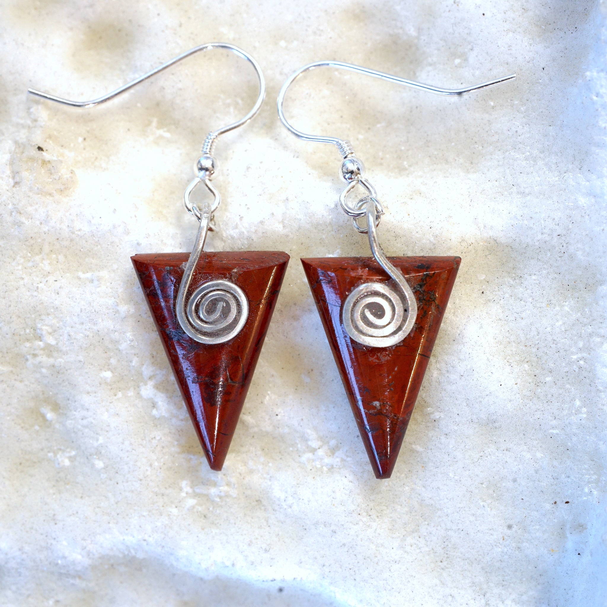 RJ05E Red Jasper Triangle Earrings with Sterling Silver Celtic Spirals