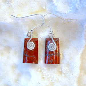 RJ11E Red Jasper Small Rectangle Earrings with Sterling Silver Celtic Spirals