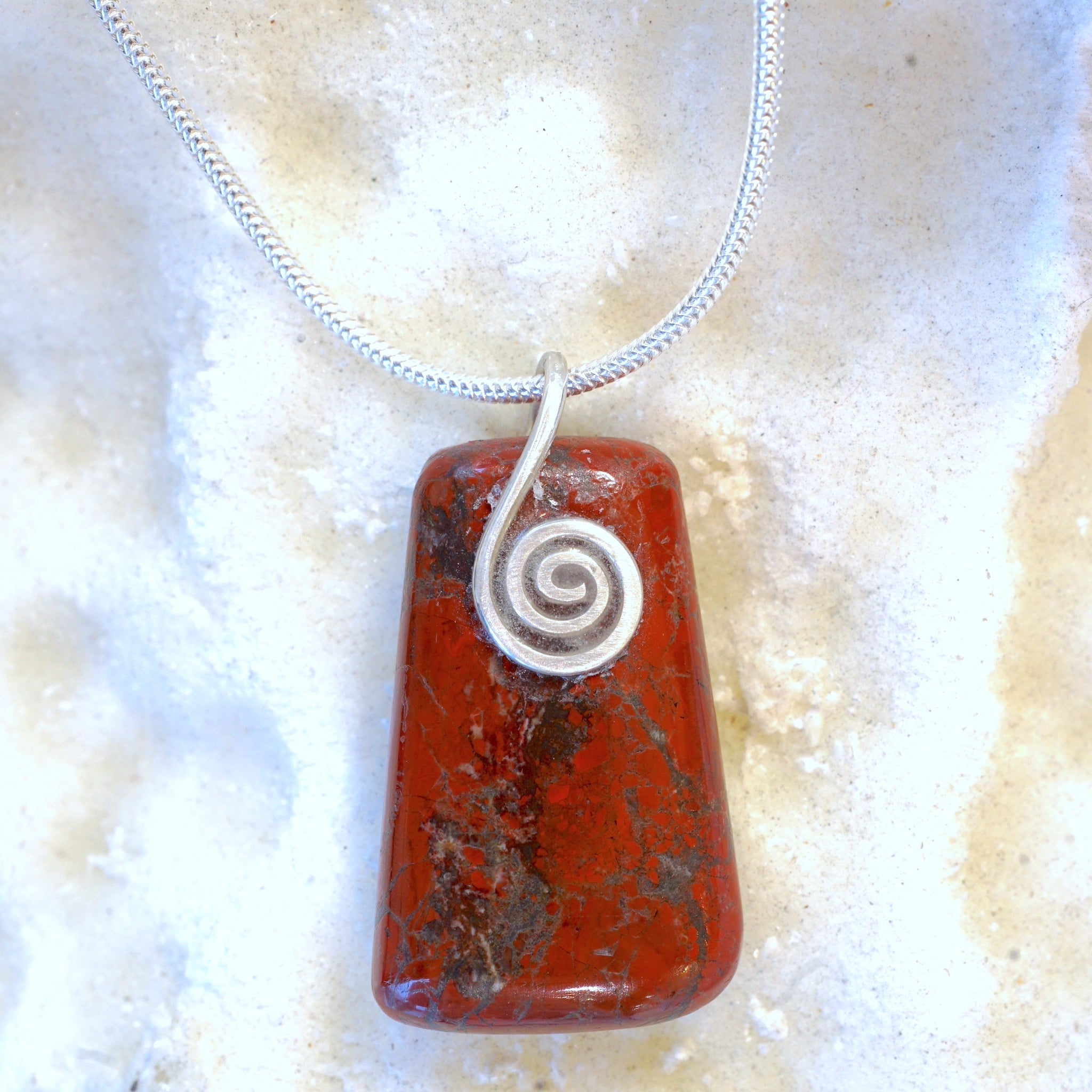 RJ11P Red Jasper Small Rectangle Pendant with a Sterling Silver Celtic Spiral