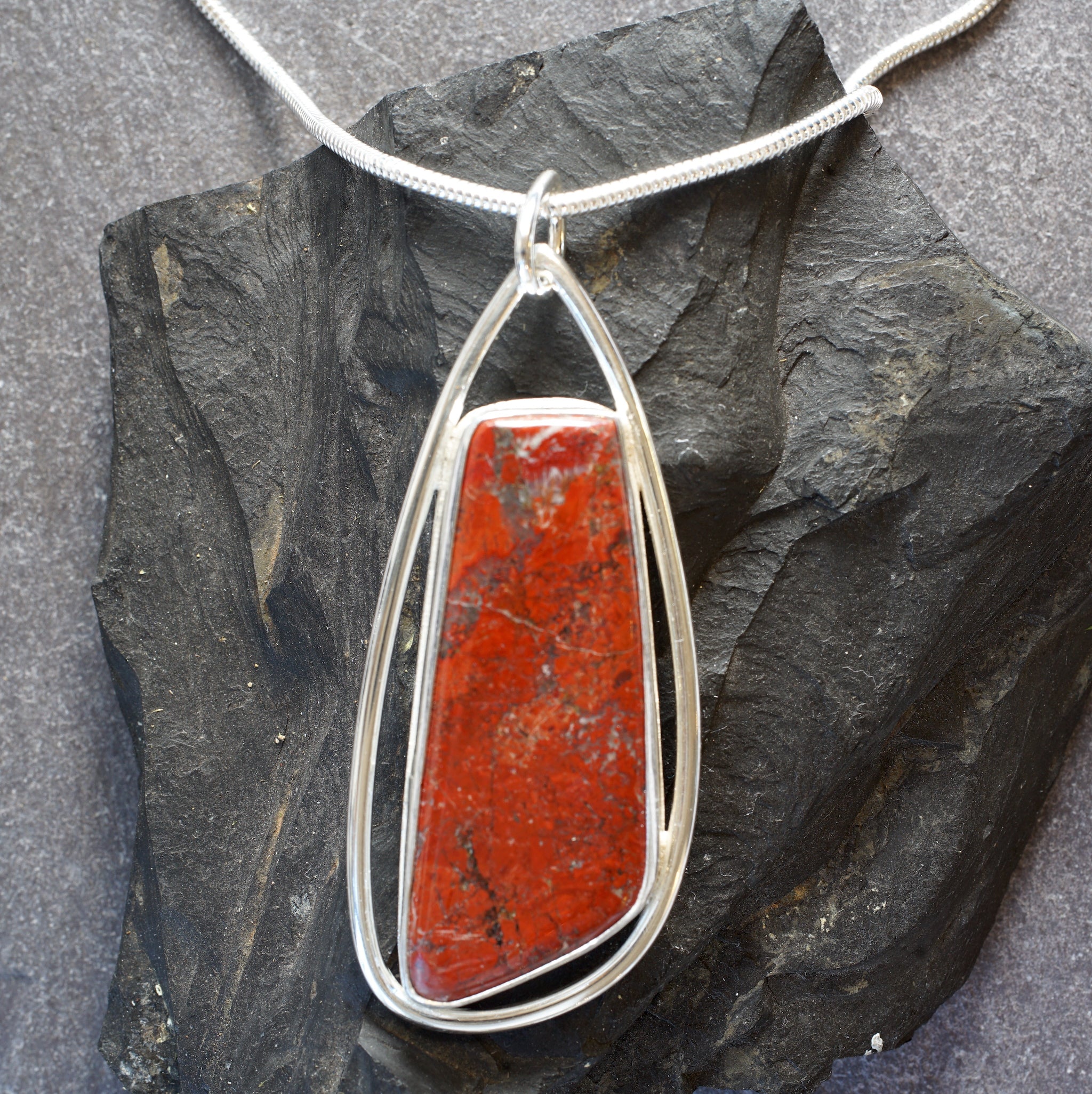 RJ13P Red Jasper & sterling Silver long rectangle pendant from Angela Kelly Jewellery Enniskillen Fermanagh
